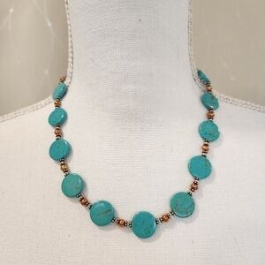 Faux Turquoise Necklace Stone and Gold Bead Necklace
